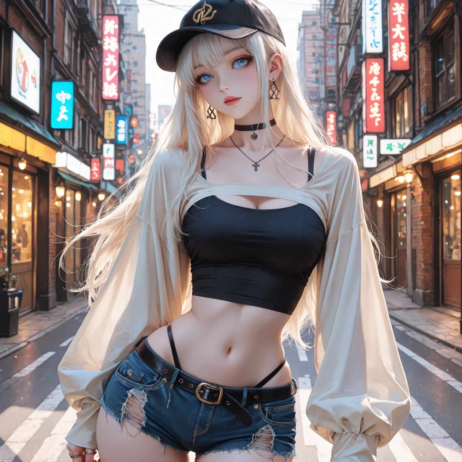 Unbeatable masterpiece, Ultra photo realsisim, Perfect artwork, Intricate details, Best quality, Strong light,High contrast, (Masterpiece)) , (Best quality) ,(illustration) , ((extremely detailed cg unity 4k wallpaper)) , ((ultra - detailed)) .(Cinematic lighting) , offcial art , Beautiful and detailed light , Dynamic Angle ,(Cinematic lighting) , urban skyline, A street full of people, Celluloid , (a extremely delicate and beautiful girl:1.2) , (Yellow hair) , Hair behind the ears , Straight hair , Purple eyes ,(white offshoulder shirt , halter neck , Loose-fit cropped jacket , black sock ,Colorful clouds,