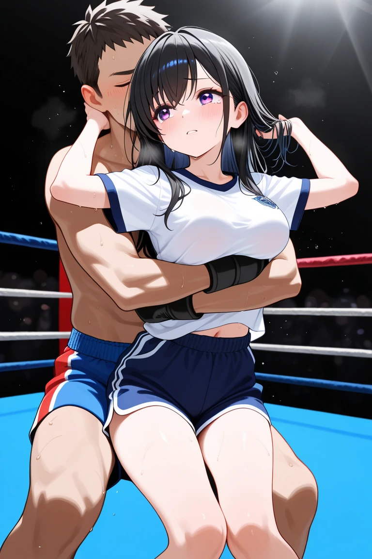 ((((1girl)))and(((1shota boy)))),(1shota boy:1.4),dark-skinned shota boy, interracial,smug,Boxing Gloves, BREAK (1girl),(fighter:1.4), (medium hair,straight hair),black hair, dark eyes, medium breasts, pale skin,shiny skin, (ahegao),(trembling), erectile nipples, BREAK ((she wears , blazer, blue neck ribbon, pleated skirt, black pantyhose)), (cum:1.4),cum in pussy,(cum on clothes:1.4), cum on breasts,cum on body,cum facial, bukkake,cum in mouth,cum on hair,(excessive cum), BREAK ((vaginal,sex)),(upright straddle,couple,face-to-face), clothed sex, intercourse with old man, (wrestling ring), (((masterpiece))),(((best quality))),((ultra-detailed)),(illustration),((an extremely delicate and beautiful)),(detailed background),