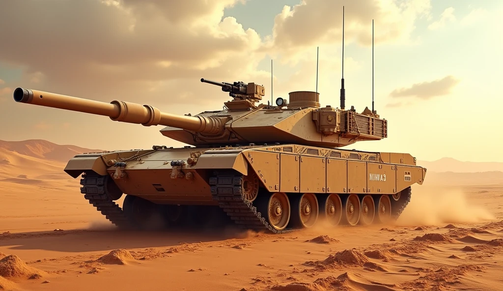 Armored Tank, desert camouflage color, Germany Leopard 2A7+ Main Battle Tank, Wide angle, panoramic view, dynamic movement, vivid, (masterpiece, best quality, absurdres, ultra-detailed, intricate details:1.3)