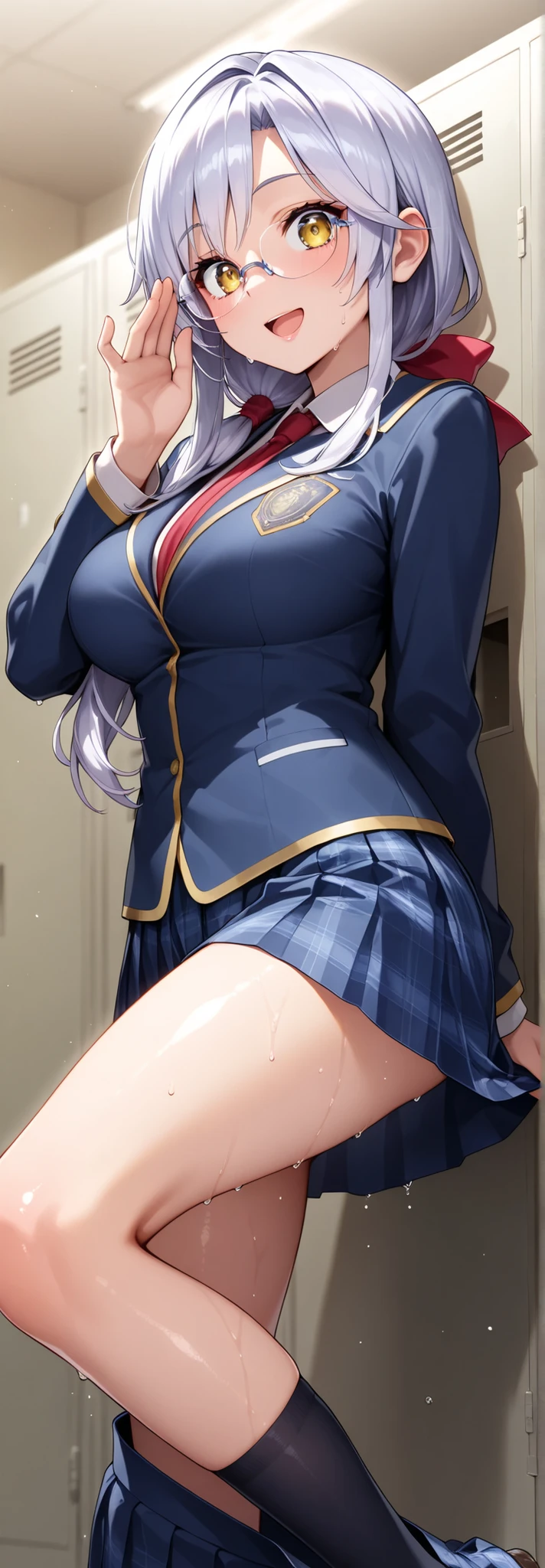 Realistic, Masterpiece, best Quality, perfect anatomy, (Detailed Eyes), One High School Girl, Navy blue school uniform, Huge breast, Sweat, ponytail, earrings,  pelvis curtain, (wide hips), shy smile, embarrassed, standing split, leg up,leg lift,standing on one leg, Short skirts, White panties, Exposed panties, Classroom