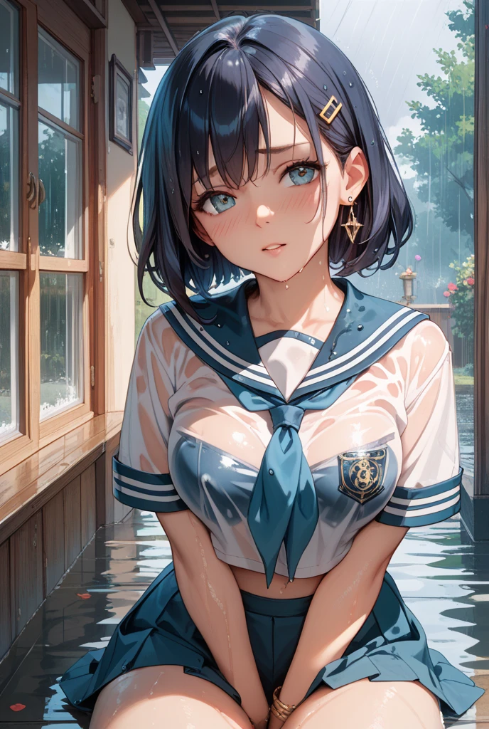 ((Skirt Lift)), A plain girl with glasses, Showing panties, Pans, (highest quality), (whitestar, UHD), Super detailed), (Ultra High Resolution 8K), High-definition facial beauty, (Big Breasts), (Looking up;1.3), Detailed Sailor Suit, (Blushing, Embarrassing), Very hot day, Shade, ((Sit down)), Panties that are damp, Makoto Shinkai Cyril Rolando