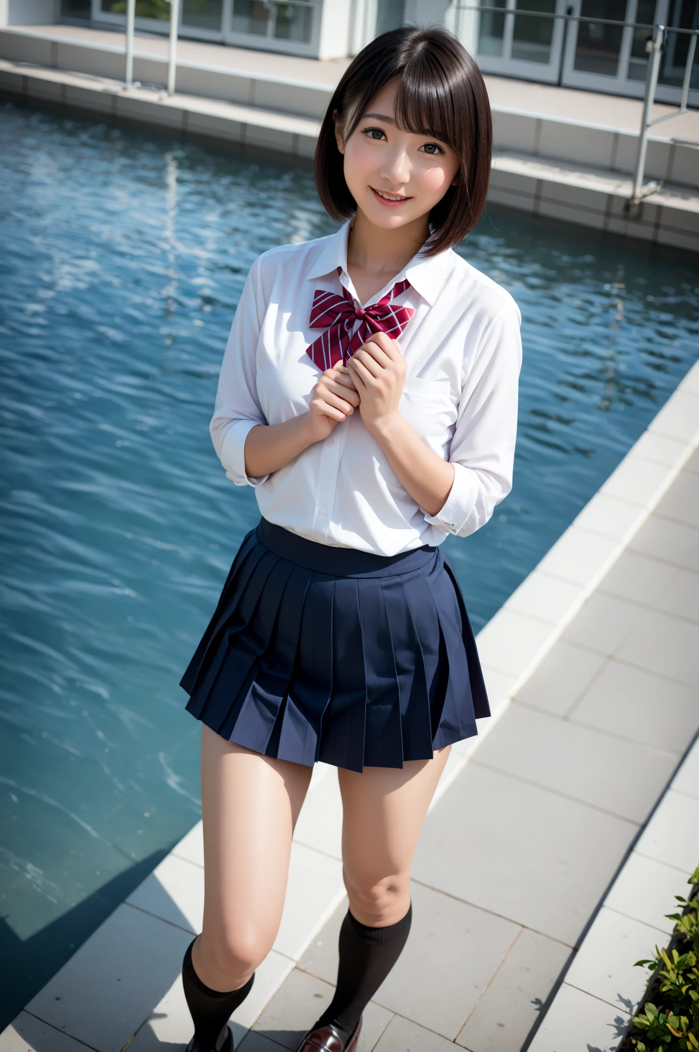 femele,1Children 5 years old,japanes,Brown hair,(((Silk School Uniforms,White shirt,Navy blue skirt))),Beautiful short hair,,Hair fastening to bangs,Natural smile,(Mansuji),swimming pools,(((Grabbing the skirt with one hand、lift,Show yourself underwear))),
