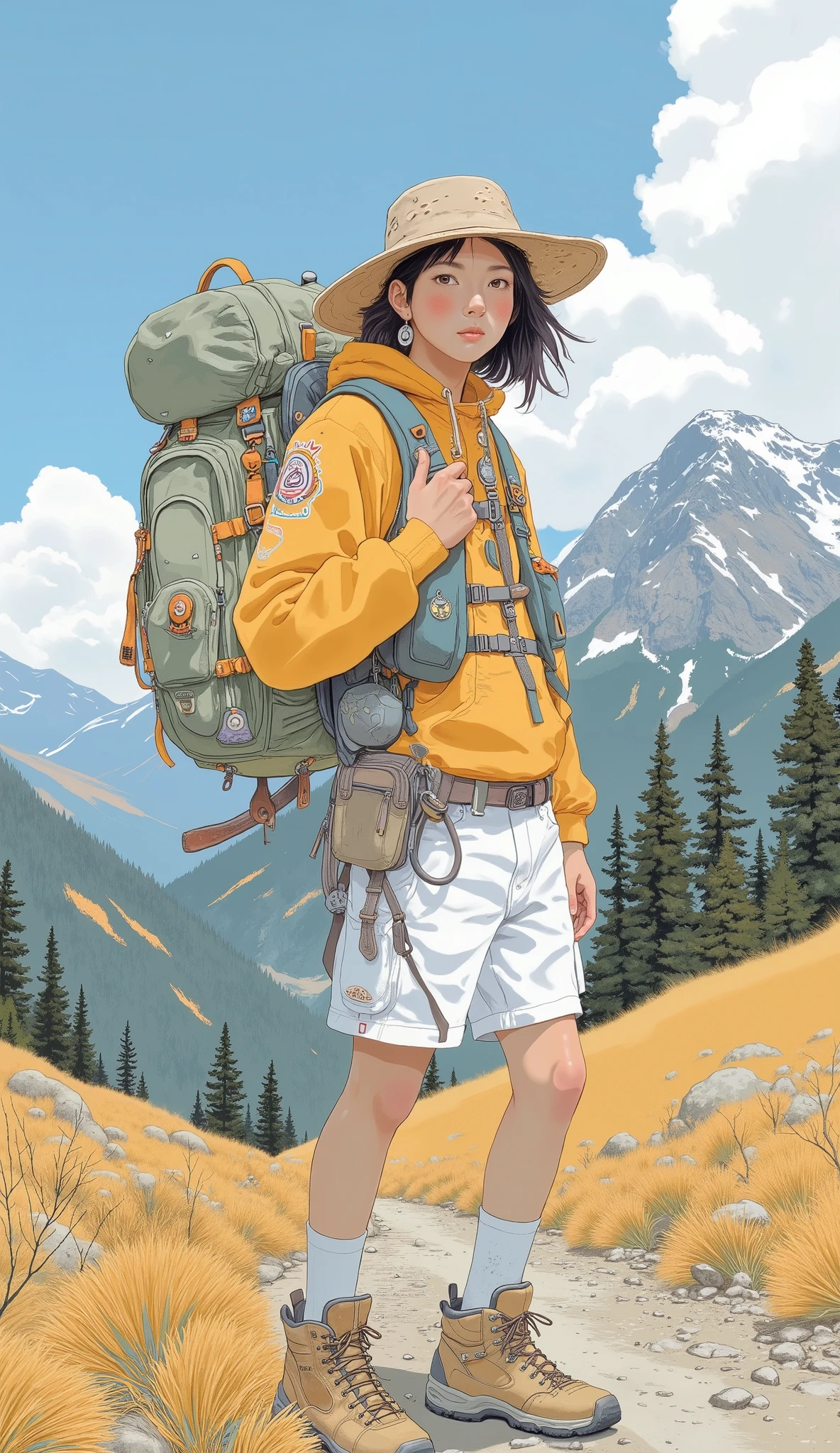 arafed man with backpack and backpack walking, hiking clothes, wearing adventure equipment , with backpack, Arab woman walking on the sidewalk wearing white shorts and hiking boots , I'm wearing adventure gear, adventure equipment , An unfriendly homeless woman holding, a man wearing backpack, gq, Advertising images, backpack, Travel Clothes , by Nakayama Tadashi, Petite, Carrying big bags, Adventure