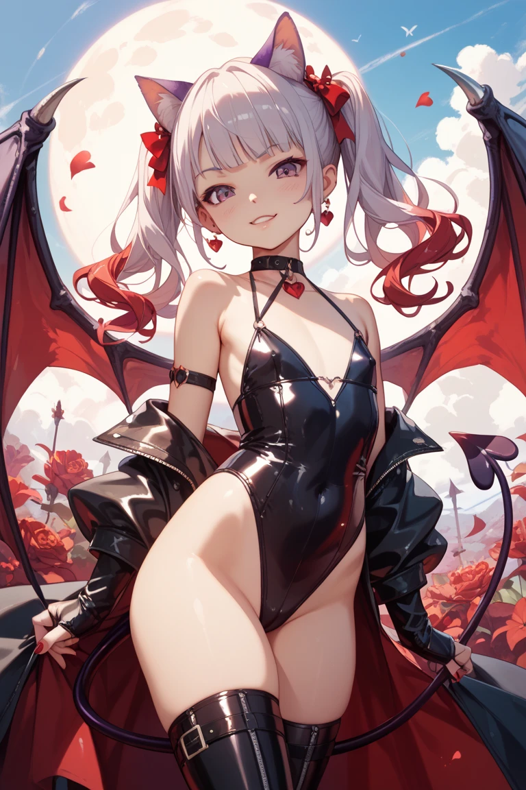 masterpiece, best quality,
1girl, (colorful),(finely detailed beautiful eyes and detailed face),cinematic lighting,bust shot,((young, petite, flat chest)),extremely detailed CG unity 8k wallpaper,white hair,red eyes,solo,smug smile,intricate skirt,((revealing outfit, sheer clothing, see-through clothing, cutout clothing, skintight)), ((vampire fangs, blood dripping from mouth, licking fingers)), ((flying petal)),(Flowery meadow)
sky, cloudy_sky, building, moonlight, moon, night, (dark theme:1.3), light, fantasy,