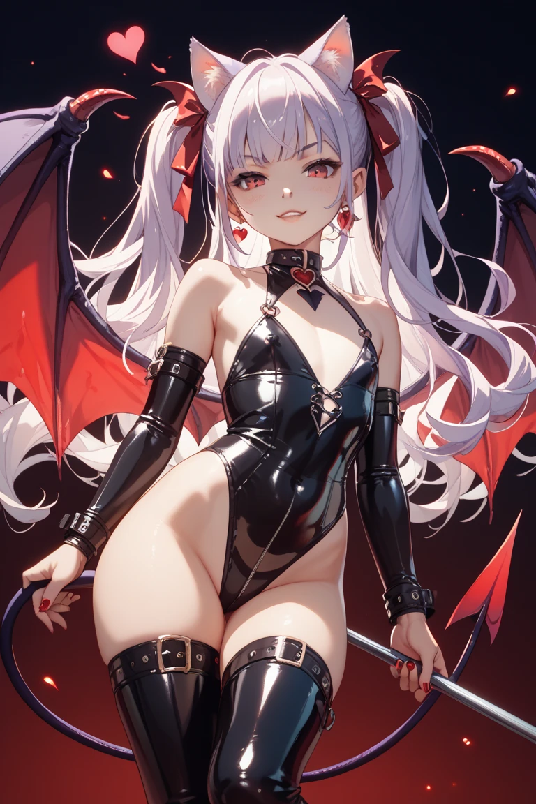 (16K), (best quality:1.2), (insanely detailed:1.2), ((anime style)), (illustration:1.2), (concept art:1.2), (texture:0.5),
(detailed beautiful woman:1.1), (goat satan horns:1.4), (bat wings on her back), (red or silver hair:1.3), (deep pink eyes), bangs, hair between eyes,
BREAK
full shot, looking at viewer, fiery crimson or silver curls cascading around her shoulders, a wickedly elegant hairstyle with twisted horns emerging from the tresses, eyes of captivating ruby gleaming with otherworldly allure, a mischievous yet enchanting smile playing on her lips, adorned in ethereal black latex combat bodysuit and knee-high boots, a seductive posture with one hand resting on a gravestone, from slightly below, angled shot,
BREAK
(masterpiece background), (sense of depth), (depth of field), outdoors, middle of graveyard, (entrance of hell opening behind:1.4), ominous dark clouds, face glowing, (flames beneath feet:1.3), fantasy medieval world, long flowing hair, sharp horns curved elegantly, captivating, light reflecting, ancient symbols, tattered black wings, ethereal glow, detailed moss-covered aged gravestones, decrepit chapel, distant, rusted iron gate, gnarled trees, twisted branches, silhouetted against a fiery sky, casting long shadows, tombstones, uneven ground, creeping fog, intricate jewelry, silver, adorned with dark gems, elegant, ember-like glow, eerie luminescence, dense surrounding atmosphere, unsettling wind, night creatures, eyes gleaming, hidden in darkness. ((from hell's entrance)), jagged rocks, framing portal, sinister energy emanating, (flying, open wings:1.4).