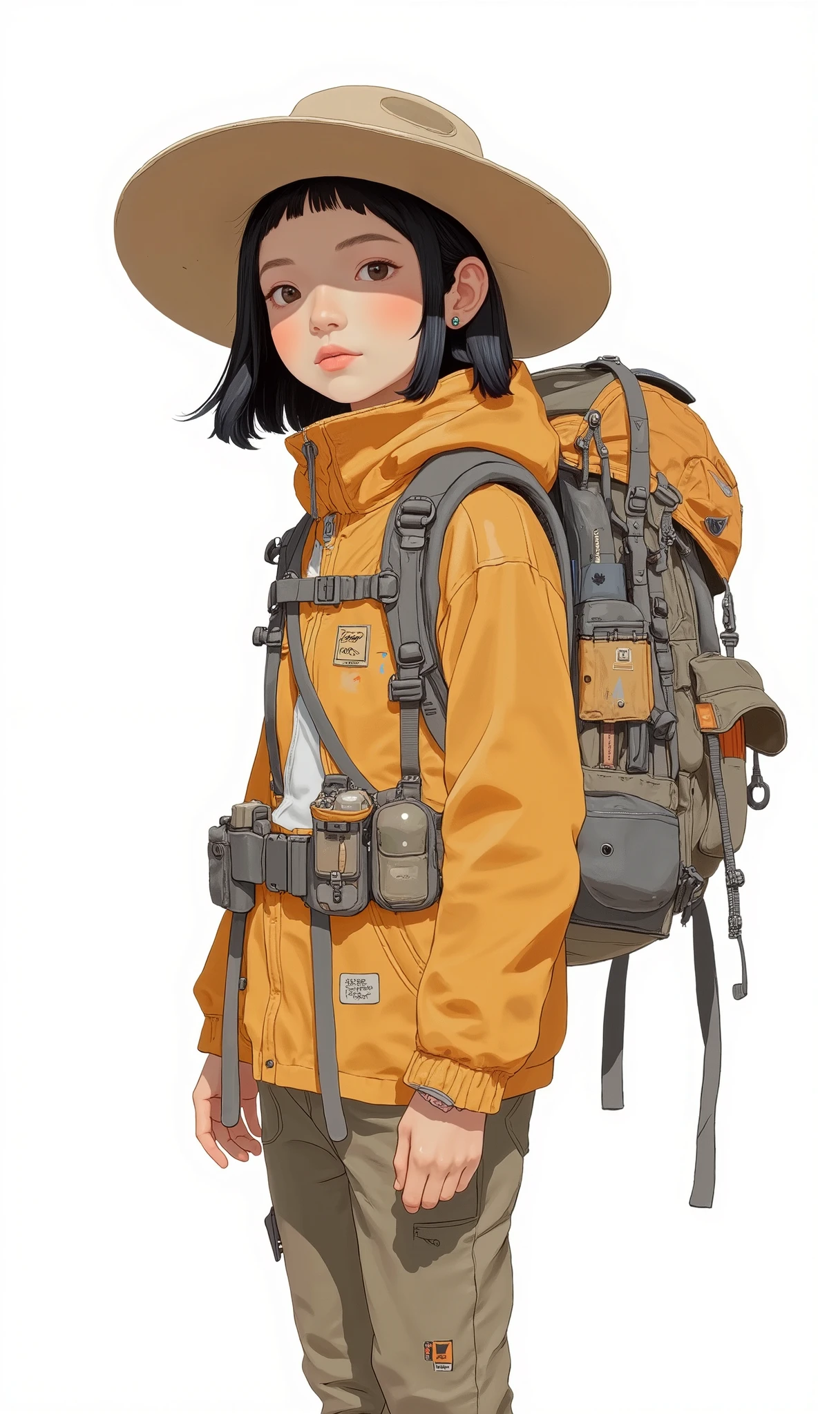 arafed woman with a Backpack and hat standing against a white background, with a Backpack, hiking clothes, wearing Adventure Gear, wearing adventure equipment , An unfriendly homeless woman holding, carrying a saddle bag , Backpack, a Backpack, adventure equipment , model wearing adventure equipment, a man wearing a Backpack, Traveler, Adventure Gear, female explorer little pretty girl