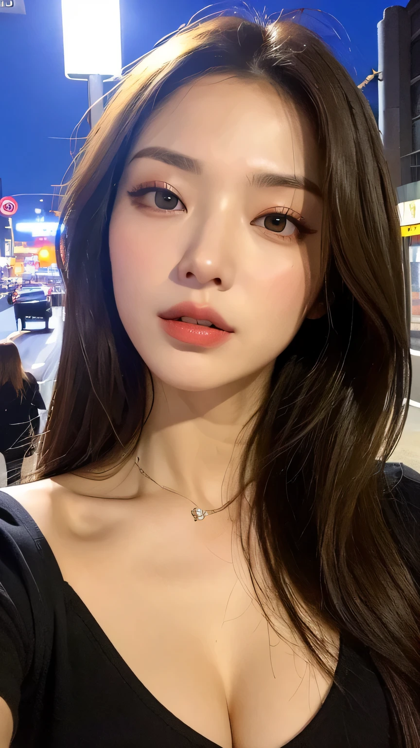 ((Midnight, Best quality, 8k, Masterpiece :1.3)), Whole body, Long legs, Sharp focus :1.2, A pretty woman with perfect figure :1.4, Slender abs :1.1, ((Dark brown hair, Big breasts :1.2)), (White tight tshirt, Jean bib, Standing:1.2), ((Night city view, Rooftop:1.3)), Highly detailed face and skin texture, Detailed eyes, Double eyelid