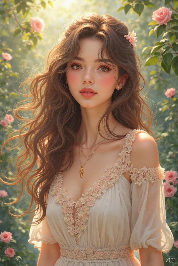  with long curly brown hair, greeneyes, medium fair skin, round mouth, com um vestido rosa, sitting under a flowering tree, PAINTING A PICTURE, Round face, medium breasts, staring overhead
