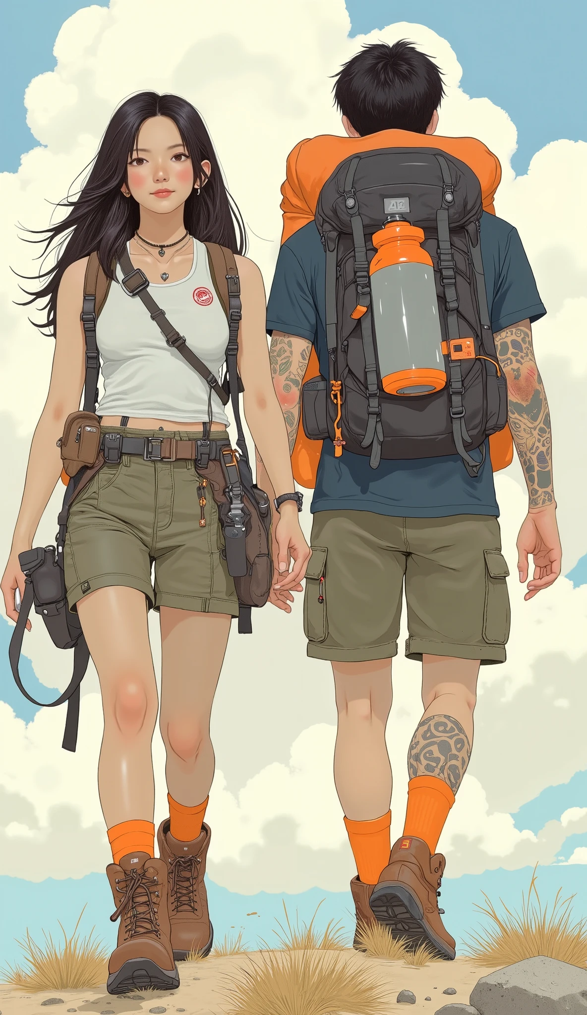 image,、The overall scene conveys a sense of adventure and exploration. She wears a sleeveless white tank top with olive green cargo shorts. big breasts、They wear a sleeveless white tank top with olive green cargo shorts {x} person Are sturdy brown hiking boots and wear bright orange socks that are partially hidden, The large black backpack is securely fastened. An orange and gray water bottle is draped on one shoulder, and a sleeping bag rolled up on top, rugged It suggests they're ready for a hike. The person is dressed appropriately for outdoor activities, in addition to practicality, looks ready for adventure . The figures are confidently moving forward, shows they're ready for camping or a long trek. The overall scene conveys a sense of adventure and exploration, The gear and clothing are、The pretty background emphasizes their dynamic movement and practicality of attire.