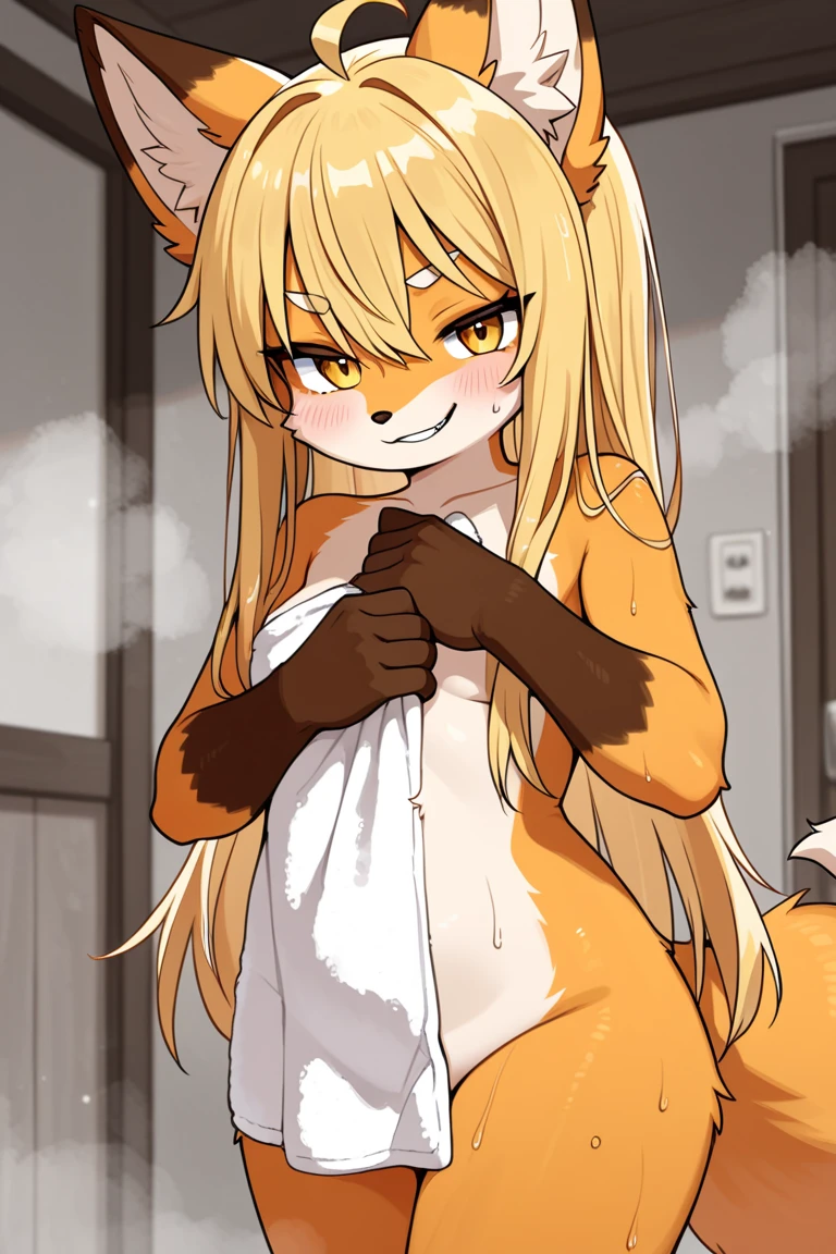 feral,fox, masterpiece, best quality holo is a wolf girl,fox tail, furry art!!!, curvy ,thick thighs,expressive eyes, (brown fur skin), wolf ears, messy hair, feral), furry, stocking, sweaty, girly, plump body type,Serval, (slim, fit), fox, wolf girl,fangs, neck fur tuft, dynamic pose,perfect face, (flat-chested), collarbone, sharp eyeliner, eyeshadow, (detailed eyes:1.4), wet towel