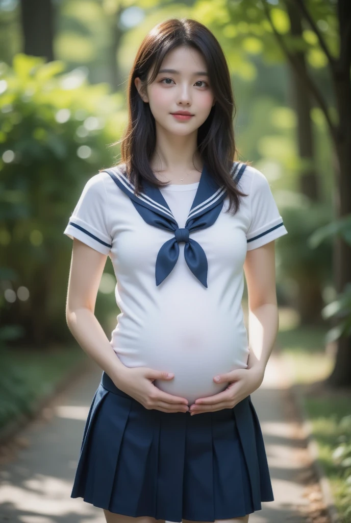 ((masterpiece, Highest quality)), ((High resolution)), (Photo Real), Best Shadow, Attention to detail, Very detailed, (Nice hands, Perfect hands), (Face Focus:1.2), ((One Girl)), beautiful girl, 15 years old, 1 pregnant woman, Brown eyes, (Brown ponytail hair 1.5), (Super big breasts:1.3), (smile:1.3), (late pregnancy:1.4), Are standing gracefully, Long skirt, Shiny white skin, (View from the front:1.3), (Very thin:1.3), (Cute Face:1.3), (View the viewer:1.4), Cute Face, Thin lips, Detailed facial features, Sharp focus, perfect beautiful body and face, Cute childish face, Perfectly focused, (school uniform:1.2), Long Bangs, In the city at dusk, (Cowboy Shot:1.2), Famous idols of Japan, (Are standing:1.3)