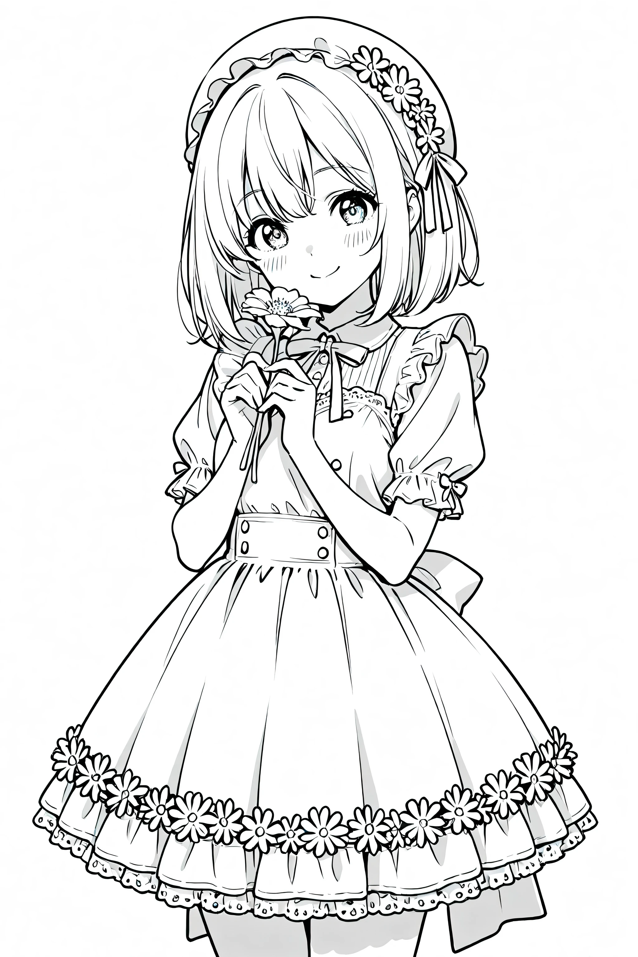 Anime girl smiling with flowers, perfect quality, clean line art, white background, masterpiece, 4k, cute outfit