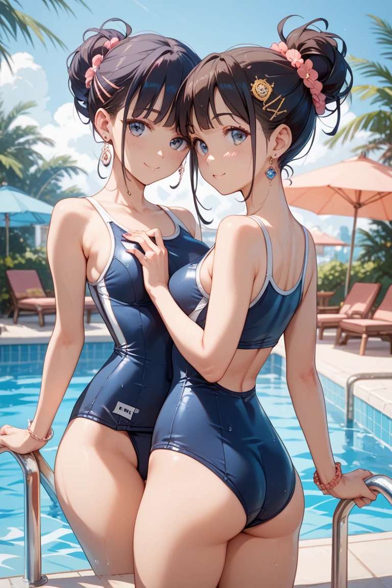 extremely detailed CG, super detailed skin, perfect anatomy, dynamic lighting, beautiful detailed eyes, (2girls), (yuri:1.3), Outstanding smile、 teenage woman、Japanes、huge breast、short hair、arms behind back, (Shiny skin:1.4)、sexy pose, Esbian all over、(Competition swimwear:1.5), (One piece swimsuit:1.2), (High leg swimsuit:1.2), (Reflection of light:1.4), High leg panties,