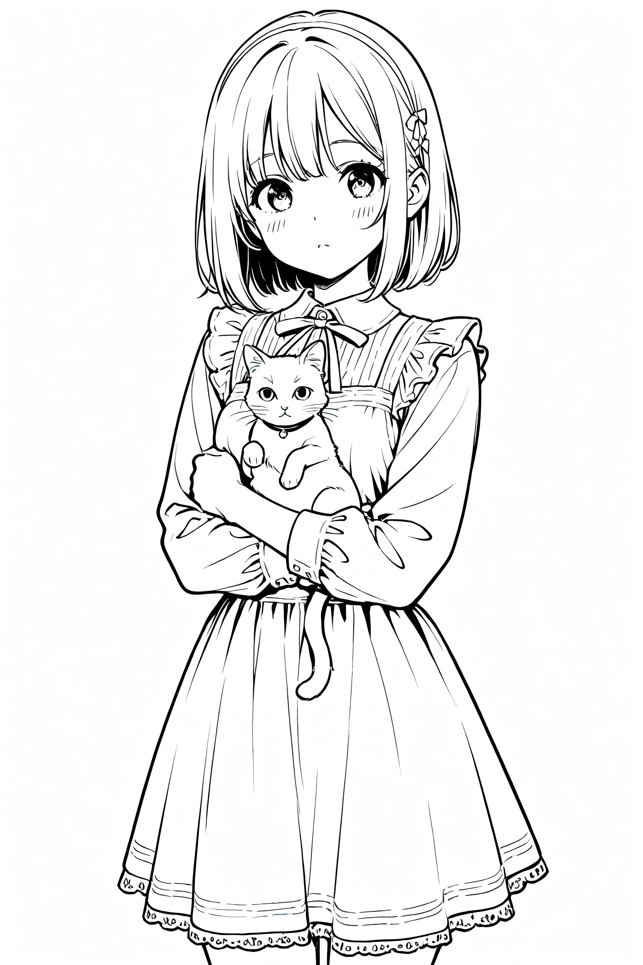 Anime girl holding a cat, perfect quality, clean line art, white background, masterpiece, 4k, cute outfit ,black and white
