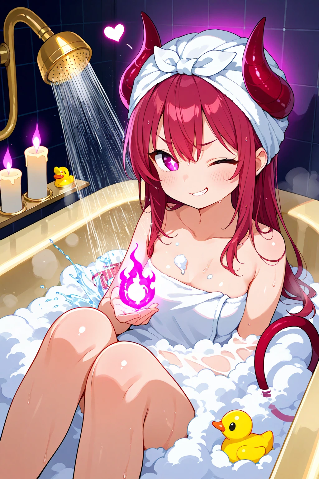 1 girl、Glossy、spoken hearts、fart、a lot of gas、Satisfied smile、Gas comes out of the butt、big breasts、pink hair、hot spring、Completely naked、put pressure on your face、long hair、Soaking in hot water、Shy personality、scared