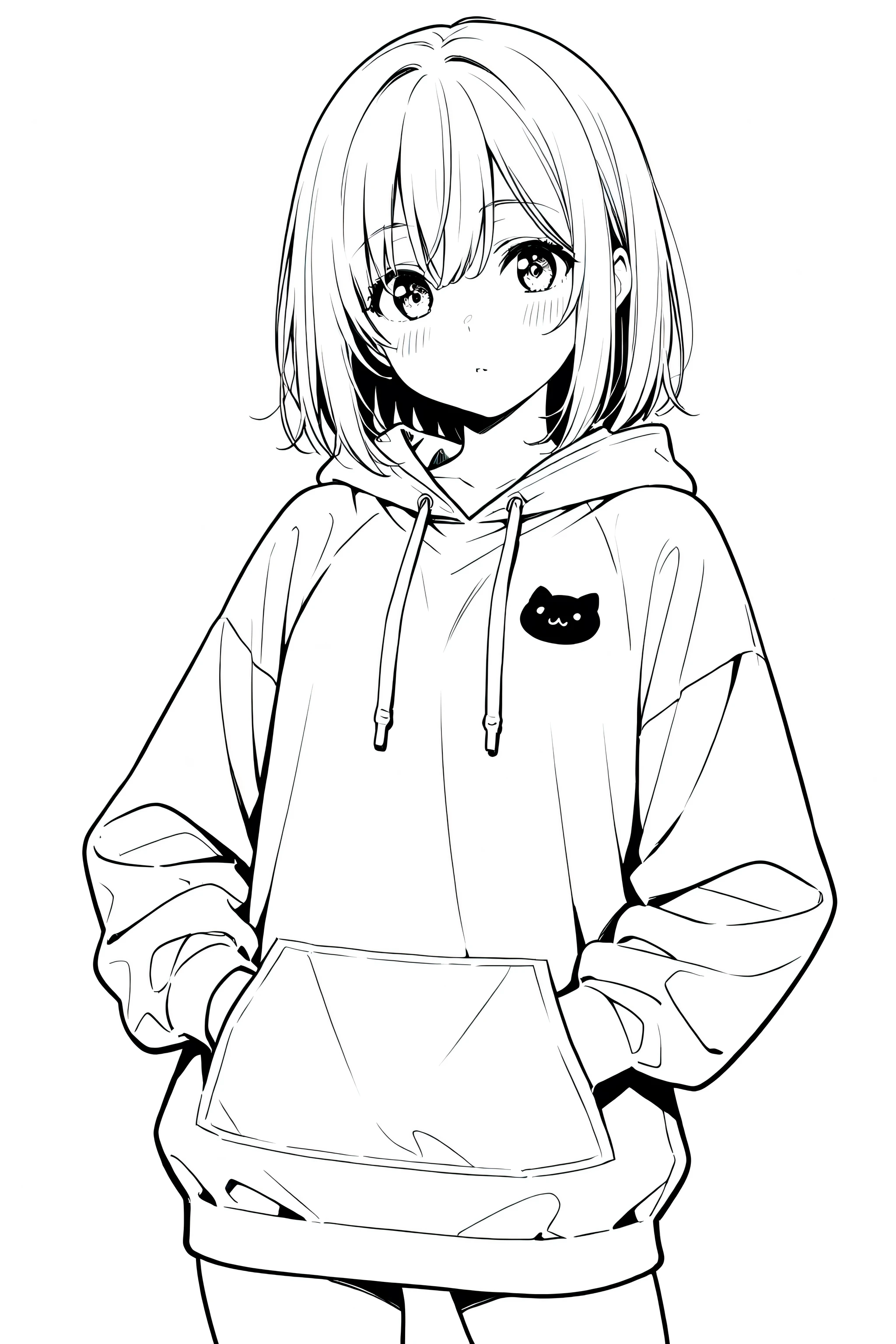 Anime girl wearing hoodie, perfect quality, clean line art, white background, masterpiece, 4k