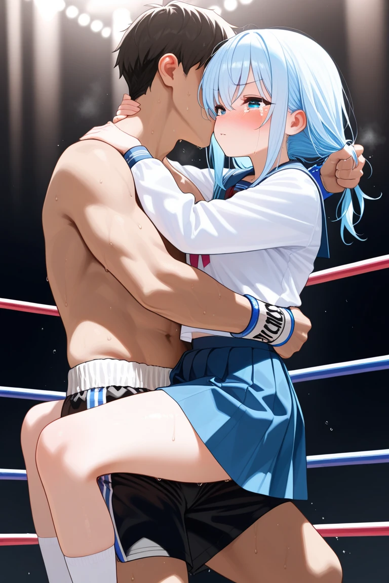 ((masterpiece)),((best quality)),(ultra-detailed),(an extremely delicate and beautiful),detailed background,((1girl)and(1shota boy)),((((hetero)))),(((wrestling ring))), ((((1girl,short stature)))),((((miyako(swimsuit)/(blue archive/)))),official alternate costume,(slender body:1.4), (long hair,ponytail),white hair,bangs, purple eyes, (midium breasts), covered navel, collarbone, pale skin,shiny skin, ((She wears one piece swimsuit,frilly swimsuit, hair ribbon)), (rolling eyes:1.4),(ahegao),(trembling), clothing aside, sex,kiss,face to face,hug,((((girl lying face up on wrestling ring)))),leg lock, motion lines, (cum in pussy:1.4),cum on clothes,cum on breasts,cum in mouth,cum on hair,(excessive cum), ((((1shota boy,short stature)))),(petite),large penis,dark-skinned shota,interracial,
