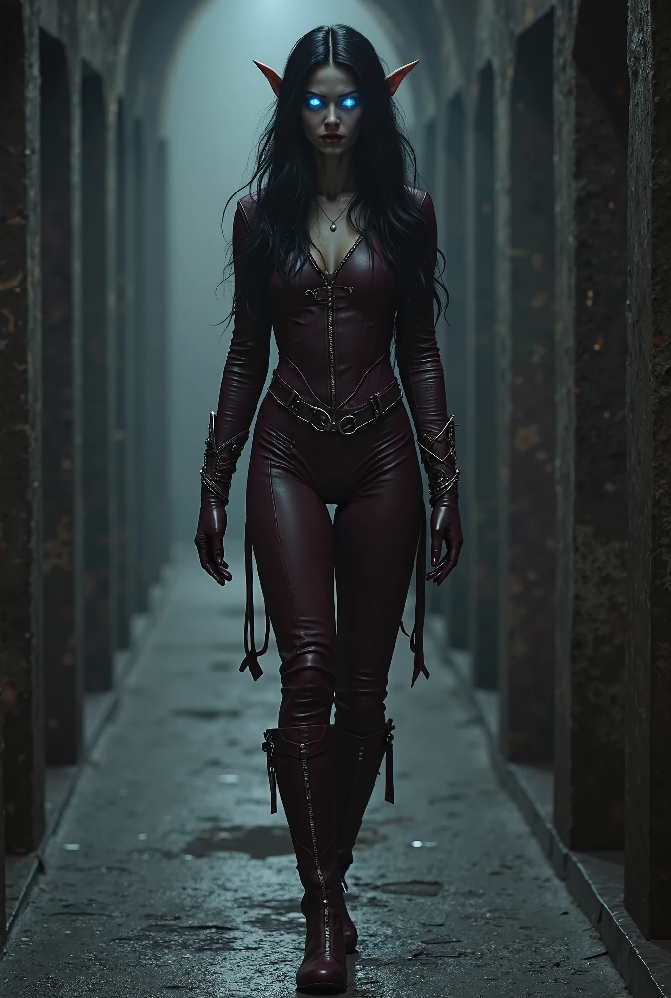 A mafia queen with a black high neck fighting suit without showing chest wearing a jacket 
holding a bloody weapon walking in castle stairs scars on face