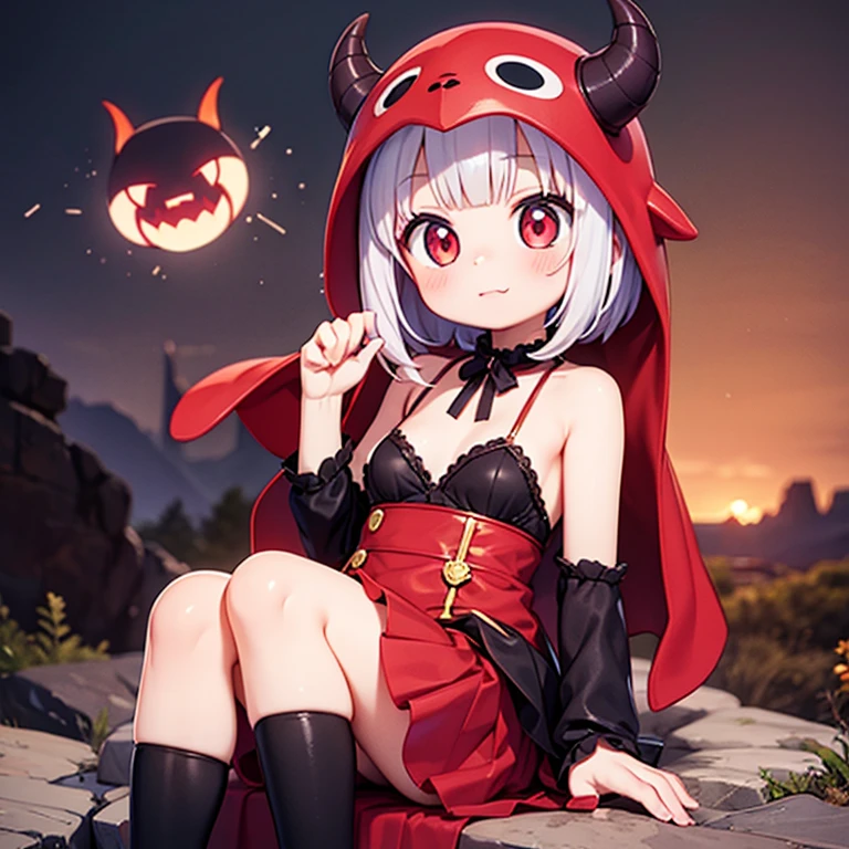 sexy sassy busty laughing, Heterochromia eyes krampus, wearing a fancy Christmas Santa robe with hood in the colors of  silver, gold, and deep dark red color. krampus meditating. In a snow field and the moon in the background