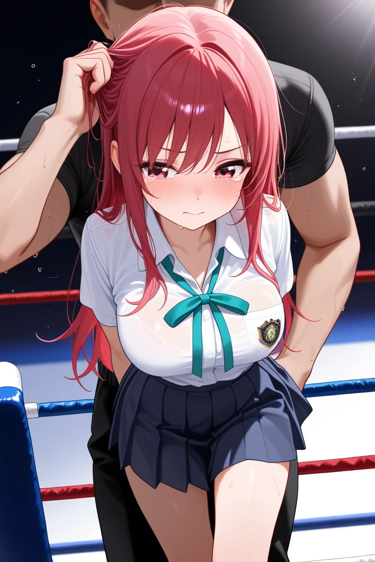 (((masterpiece))),(((best quality))),(ultra-detailed,high resolution:1.2),(illustration),((an extremely delicate and beautiful)),(detailed background), nipples, ((sex from behind)), standing sex, bent over, ((((grab her arms)))), ((((motion lines)))), vulgarity, (cum in pussy:1.4), (((wrestling ring))), ((1girl, short stature)and(1boy)), hetero, (1girl,short stature:1.4), ((((Baobhan Sith/(((fate/)))), red dress, bare shoulders, (((waist-cape))), layered sleeves, red knitted_long boots, high heeled shoes, ((((ahegao)))), (rolling eyes:1.4),(trembling), (cum in pussy:1.4),cum on clothes,cum on breasts,excessive cum, clothing aside, clothed, (1muscular boy,tall stature:1.4), ((((tartaglia/(genshin impact/)))),large penis, [[he looks evil grin]], text,