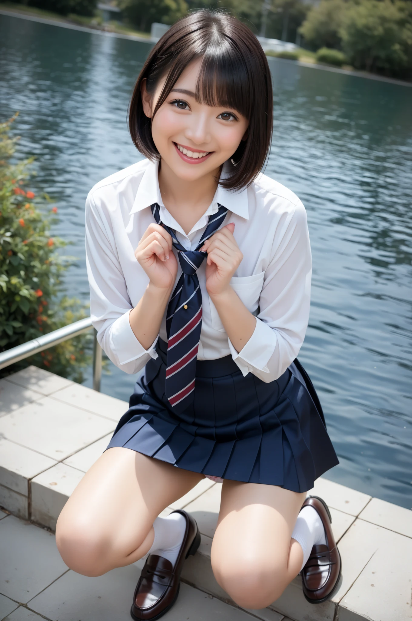 Pure Japanese school girl, no makeup, thick eyebrows, wearing uniforms, natural short hair, pure smile, natural body, shiny white skin, refreshing in early summer morning sunlight, feeling soft breeze in hair, sitting and relaxing, lift up skirt, panty, little bit sexy mood, sexual attractive, panty, professional portrait photography, composition from the front,