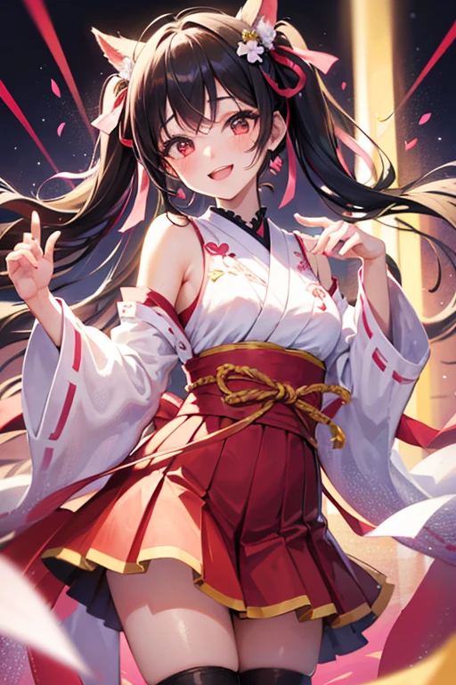 1girl, solo, long hair, breasts, looking at viewer, bangs, brown hair, hair ornament, red eyes, ribbon, holding, cleavage, bare shoulders, twintails, full body, japanese clothes, shoes, barefoot, kimono, blurry, red ribbon, sash, mask, floating hair, obi, pink ribbon, shoes removed, single shoe
