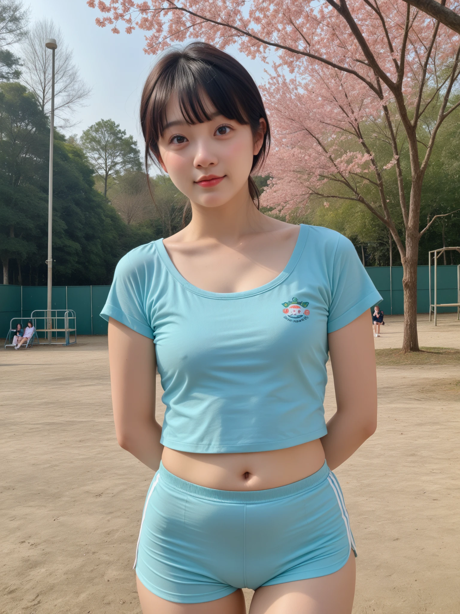 (Extremely meticulous CG),(((8k))),wallpaper,((Extremely refined and beautiful)),(((Masterpiece))),(((best qualtiy))),(((Ultra High Resolution))),beautiful light up,realistic shaded,(Smooth and flawless fair skin:1.5),(Extremely exquisite facial details:1.2),(ultra-detailed:1.5),((a beautiful girl,solo)),(short ponytail:1.2),(Hair fluttering:1.2),(small head:1.2),(slender face:1.2),(Exquisite makeup:1.3),(happy:1.2),(laughing:1.2),(perfect body:1.1),(blue collar:1.3),(short sleeves:1.2),(white polo shirt:1.2),(small breasts:1.2),(flat chest:1.2),(navel:1.3),(blue sports pants:1.5),((slim,thin)),(from front:1.3),(standing:1.3),(On the playground:1.3),(outdoor:1.2),(early summer:1.3),(day scene:1.5),(Sunny:1.3),(surrounded by crowded crowds:1.3),(upper body:1.3)