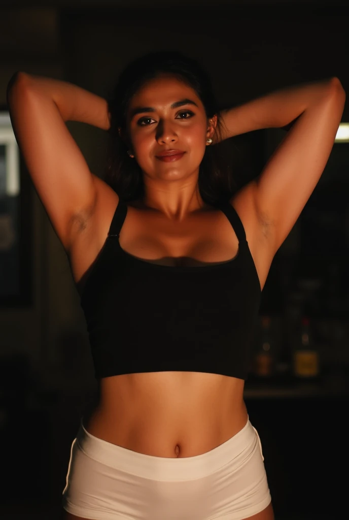 Sexy Indian wearing sweatpants and crop top pushed up above small breasts in bar eyes closed dimly lit high quality photo messy fair body Arms above head