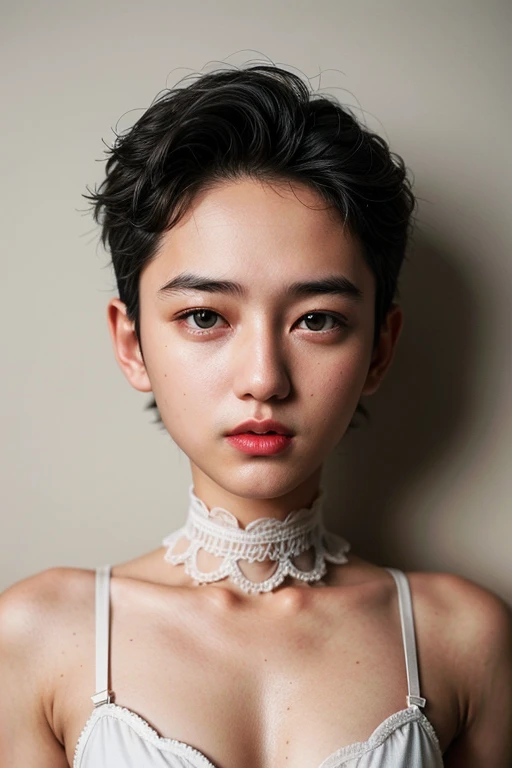 ((9x-UltraSharp)), ((SMALL HEAD)), ((NECK LACE)), Spread, ((SLEEPING LIE DOWN FEMBOY)), (((SAD FACE EXPRESSION:1.1)), ((NECK LACE)), ((GOTHIC EYELASHES & LIPS)), ((LIPS)), ((MEN'S STYLE SHORTHAIRCUT)), adorable, 1 girl, (face to face), 10 years old, baby face, happy, half body portrait, (face details: 1), (eye details: 1), ((tiny breasts)). ((Lingerie)), ((net stockings)), lingerie ((red lips)), (((LIGHT WHITE NAKED)))