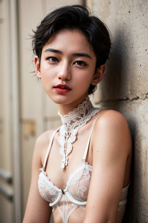 (((NAKED))), Spread, ((SLEEPING FEMBOY)), (((SAD FACE EXPRESSION:1.1)), ((NECK LACE RIBBON)), ((GOTHIC EYELASHES & LIPS)), ((LIPS)), ((boy very shorthaircut)), adorable, 1 girl, (face to face), 10 years old, baby face, happy, half body portrait, (face details: 1), (eye details: 1), ((tiny breasts)). ((Lace V-neck ice silk suspender nightdress)), ((net stockings)), lingerie ((red lips)), lie down (((PINK NAKED)))