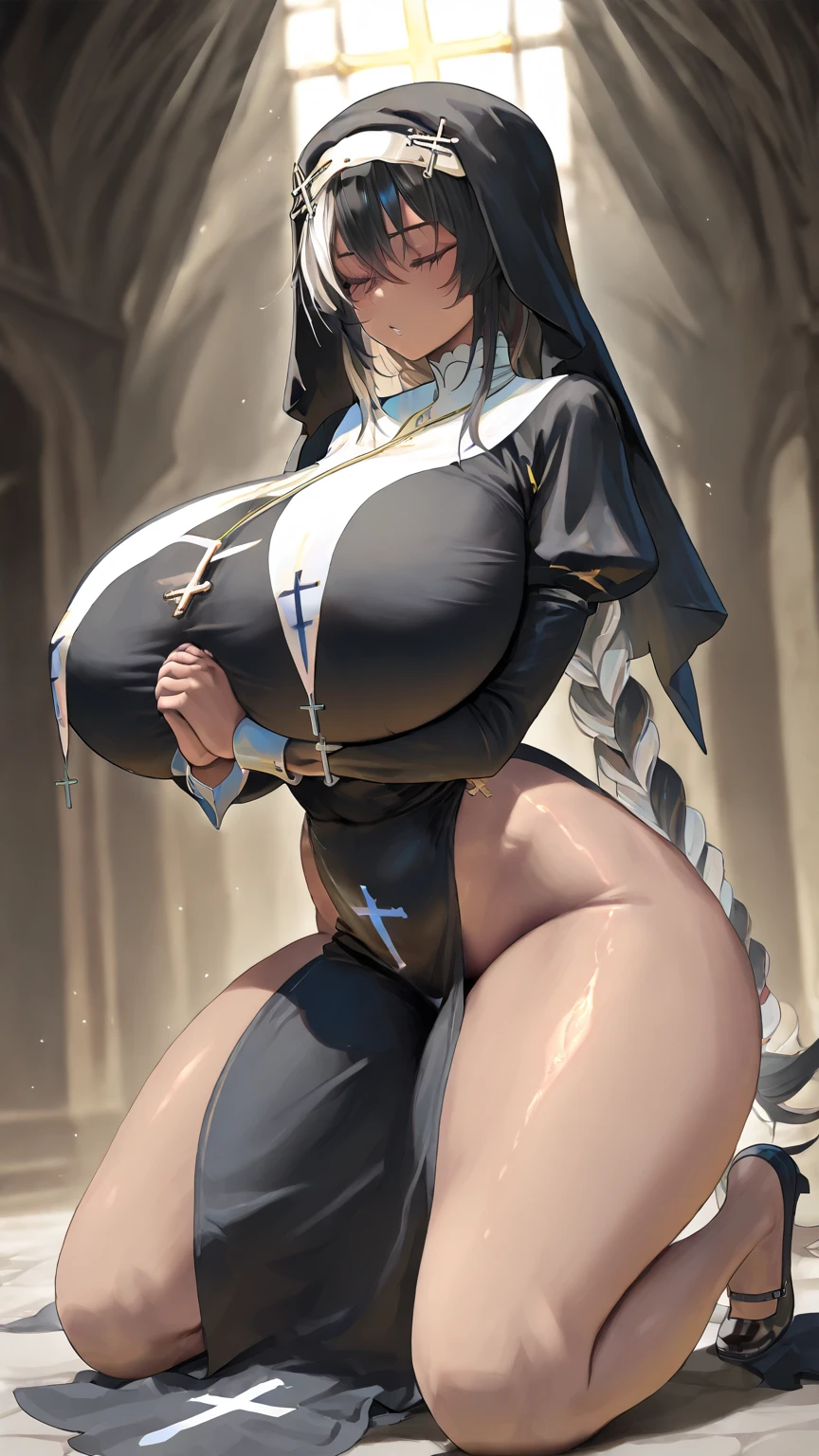 Young slim nun, standing outdoors with a full body shot taken from below, her figure clothed in habitual attire, yet her gigantic breasts and cleavage remained covered – a testament to her religious devotion. The braless nature of her outfit was concealed beneath the voluminous garments, revealing only the slender curves of her waist and the worried expressions etched across her face. The sunlight gleamed off the shiny fabric of her habit, showcasing the intricacies of the nun's attire and the subtle contours of her body.