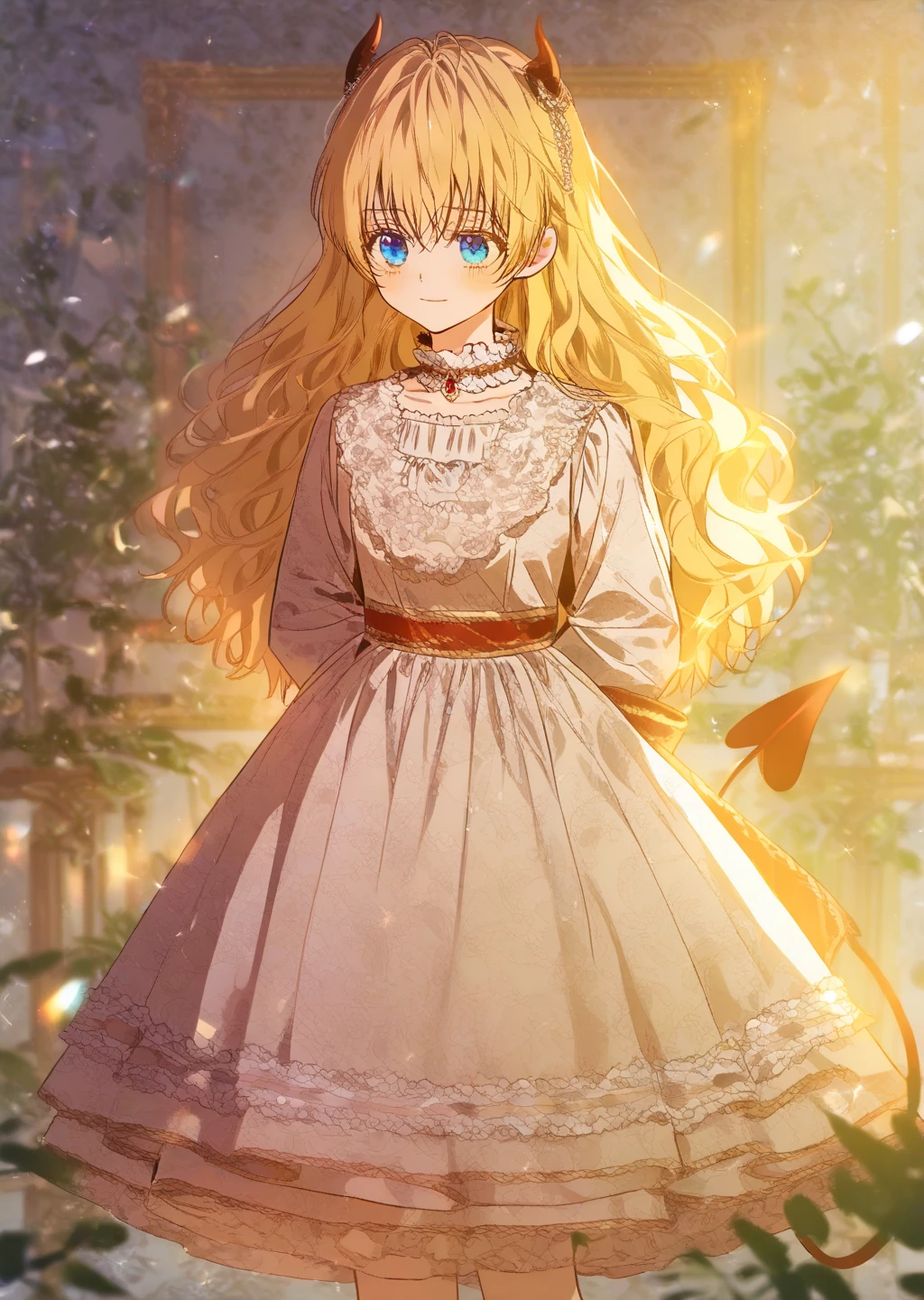 fullshot, cinematic, Beautiful and atmospheric, cute Lolita dress, small devil horns, devil tail flailing around, (masterpiece, best quality:1.2), atmospheric details, (solo focus), size difference, (depth of field:1.2), absurdres, highres, soft lighting, soft shadows, manhwa Victorian bedroom background, {1girl, blonde young girl, messy bangs, jewel blue eyes, blushing with mischievous smile, hands behind back coyly}, standing under harsh spotlight