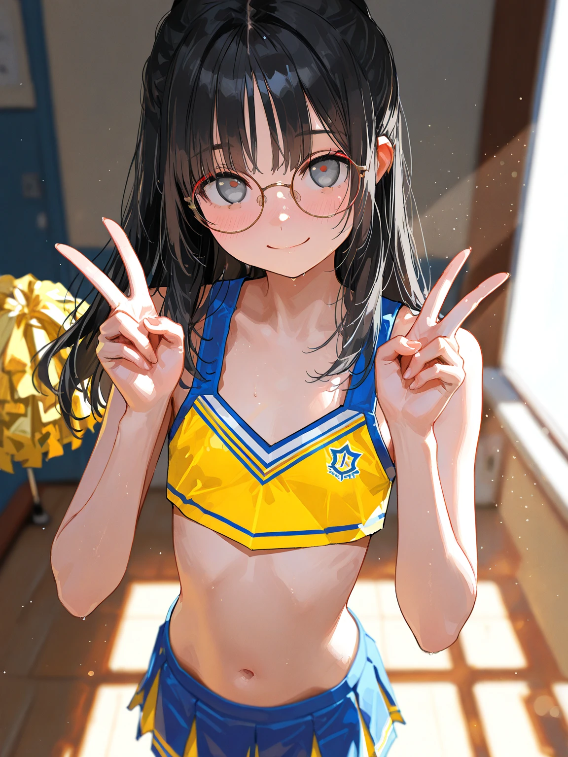Beautiful female gymnast, 16 years old, long hair in a ponytail,,,, bangs, eyeglasses, wristband, bright smile, in dance moves, At the Gymnastics Indoor Sports Building, Yellow and blue gymnastics uniform, anime