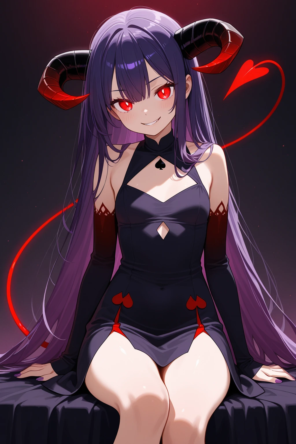 score_9, score_8_up, score_7_up, very aesthetic, source_anime, detailed, high quality, beautiful, masterpiece, detailed eyes,
cowboy shot, upper body, emotionless, looking down at viewer
from behind,
flat chest,
symonne, pale white skin, black hair, two-tone hair, purple hair, multicolored hair, gradient hair, french braid, purple eyes, twintails, hair ornament, red nails, half-closed eyes,
(sideless outfit), revealing clothes, belt, black thigh highs, choker,, zPDXL,two hands,five fingers,sadistic smile,deep shaded face,singlebraid,smile worst,worst ridecule,evil moukery,latex thighhigh socs,laugh full of malice,,A face full of evil,Too evil ridicule,darkness worid back ground,