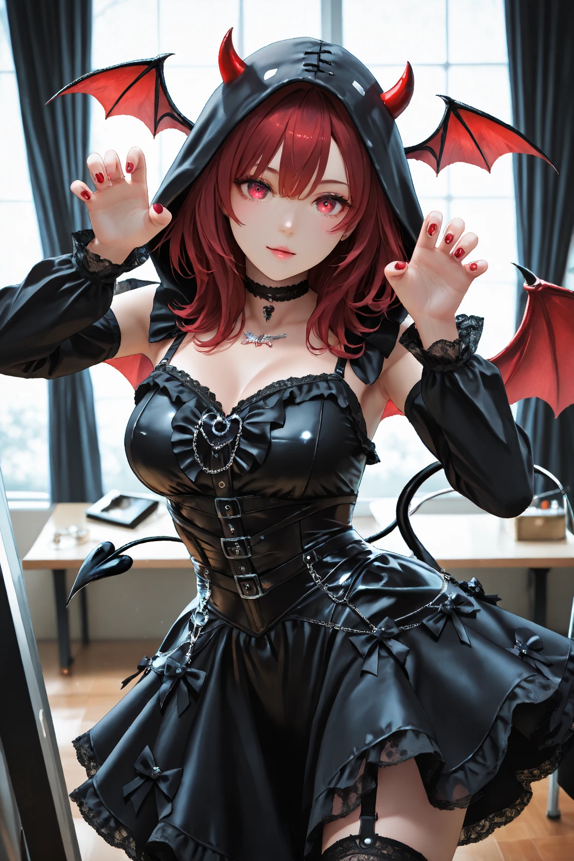 1 woman, demon, red hair, horns, bat wings, demon, orange or yellow eyes, wicked smile, ultra quality, short outfit 24 years
