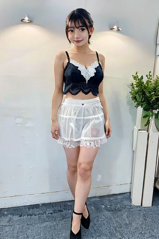 High resolution、high quality、High resolution、masterpiece、portrait、shot at low angle、full body shot、53 years old、Beautiful woman、messy long curly hair、looking at camera、(Transparent pure white skin)、(lean body:1.5)、(Navy lace blouse and polka dot miniskirt:1.5)、(Stockings and high heels:1.5)、(salmon pink bra and panties:1.3)、Old and dilapidated wooden apartment、(Illustrations and cute photos of female genitalia drawn by her are displayed in large frames on the walls and floor.:1.5)