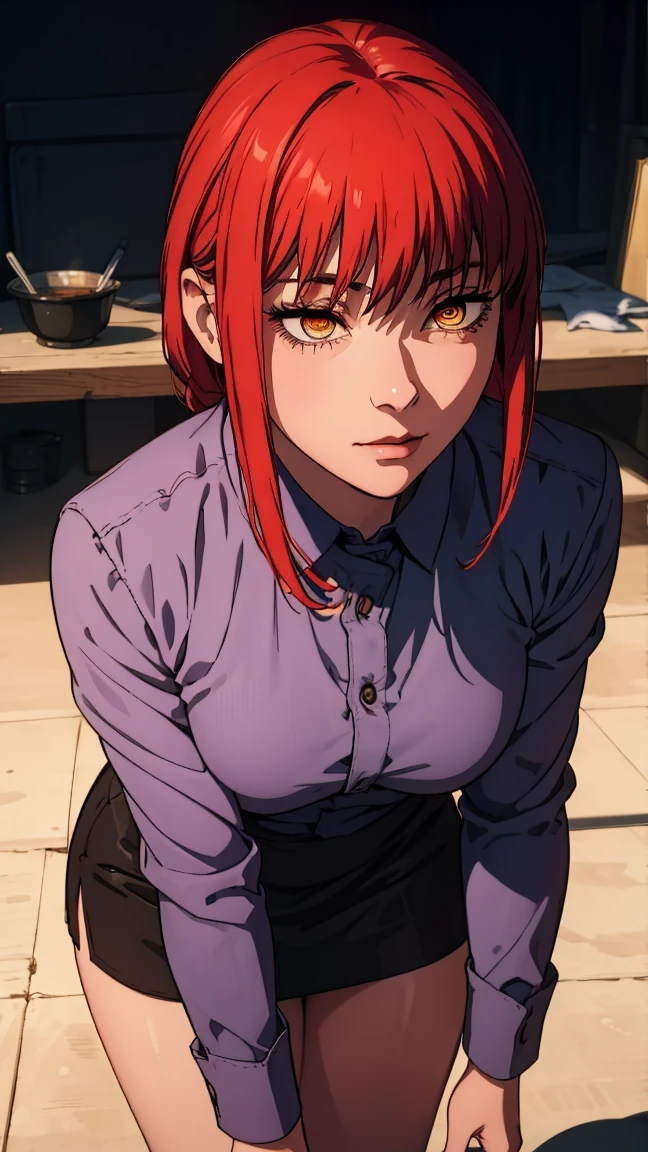 (((masterpiece))),(best quality), 1girl,solo, extremely detailed, detailed face,detailed eyes,illustration,2k,(full body:1.2), makima \(chainsaw man\), standing on all fours , red hair, long braided hair, golden eyes, wearing white Long Sleeve Button Down Cotton Linen white Shirt Blouse Loose Fit Casual V-Neck Tops ,(sinister smirk), ((In the corridor)), the portrait is centered,(close-up:1.4), (from below:1.4), (wide-angle lens:1.2) ,((night)), (bloody:1.2), (constricted pupils:1.5), (crazy smile:1.2), blood on clothes, blood on face, gaze, crazy, crazy blushing smile, open mouth, blood, blood on face ,MakimaCSM, scar, ((scar)), blood on face, long black pants, dust, ((close up shot)), blushing , nice hands, perfect hands, black pants, black shoes