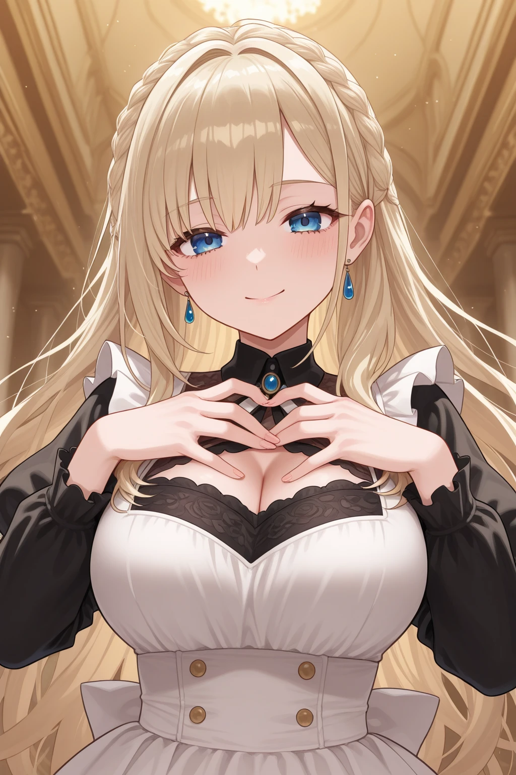 absurdres, highres, ultra detailed, (1girl:1.3),
BREAK
, sunlight on front face,
BREAK
(hands on own chest,deep skin:1.2), chest, gigantic breasts, looking at viewer, thick thighs, wide hips, cleavage, open shirts, royal dress, romance manhwa, blonde hair, long hair, flower, tiara, white dress, gloves, long sleeves, choker, purple eyes, white gloves, purple bow, purple flower, wavy hair, collarbone, puffy sleeves, parted bangs, frills, bangs,
BREAK face focus from below, front view, cowboy shot,
BREAK long eyelashes, embarrassed, seductive smile,
BREAK portrait of upper body, with an extreme level of detail, accurate lighting,
