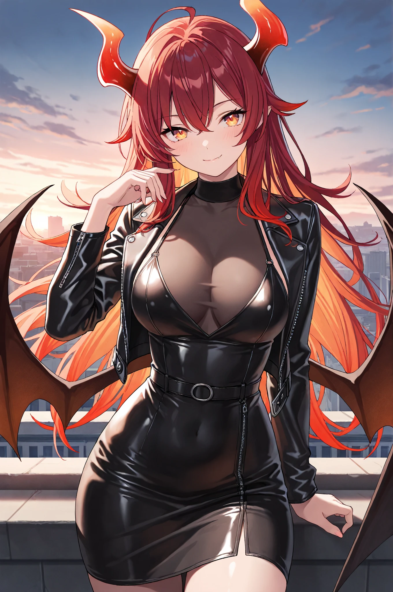 orange hair, straight hair, long hair, flower crown, gold crown, black armor dress, 1 girl, solo, facing camera, orange eyes, anime, wide smile, large boobs and butt, in open space, demon wings