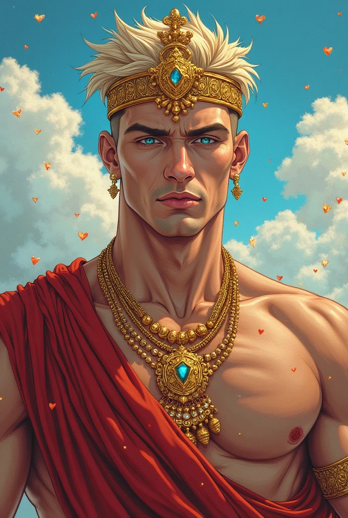 Full body portrait of handsome young man wearing flower crown, manly,muscle,topless man among flowers, Gold strap Roman shoes,Wearing white shorts,he has a flower crown, jewelry,The male god among the flowers, Covered with flowers, Mucha Klimt and Tom Bagshaw, girl among flowers, spring male persephone, Flower God, Zhenrong New Art, Portrait of male holding flowers, original photo (aldult:1.3),Male erupts into intense crimson cascade,The intersection of magic and technology and the sticky temptation disappear into the shadows,A neo-expressionist masterpiece embraced by gold,Topless,muscle,Hair between the eyes,(Chiaroscuro:1.3),(Octane rendering masterpiece,masterpiece scale,beautiful depth of field,super wide angle,Ultra-detailed CG perspective,Super dynamic lighting with amazing shadows,dramatic lighting), Conveys feelings of inner strength and confidence. Introducing a gentle, Atmospheric haze in the environment, Creates a soft light diffusion effect,Gives the impression of a golden aura and presence.