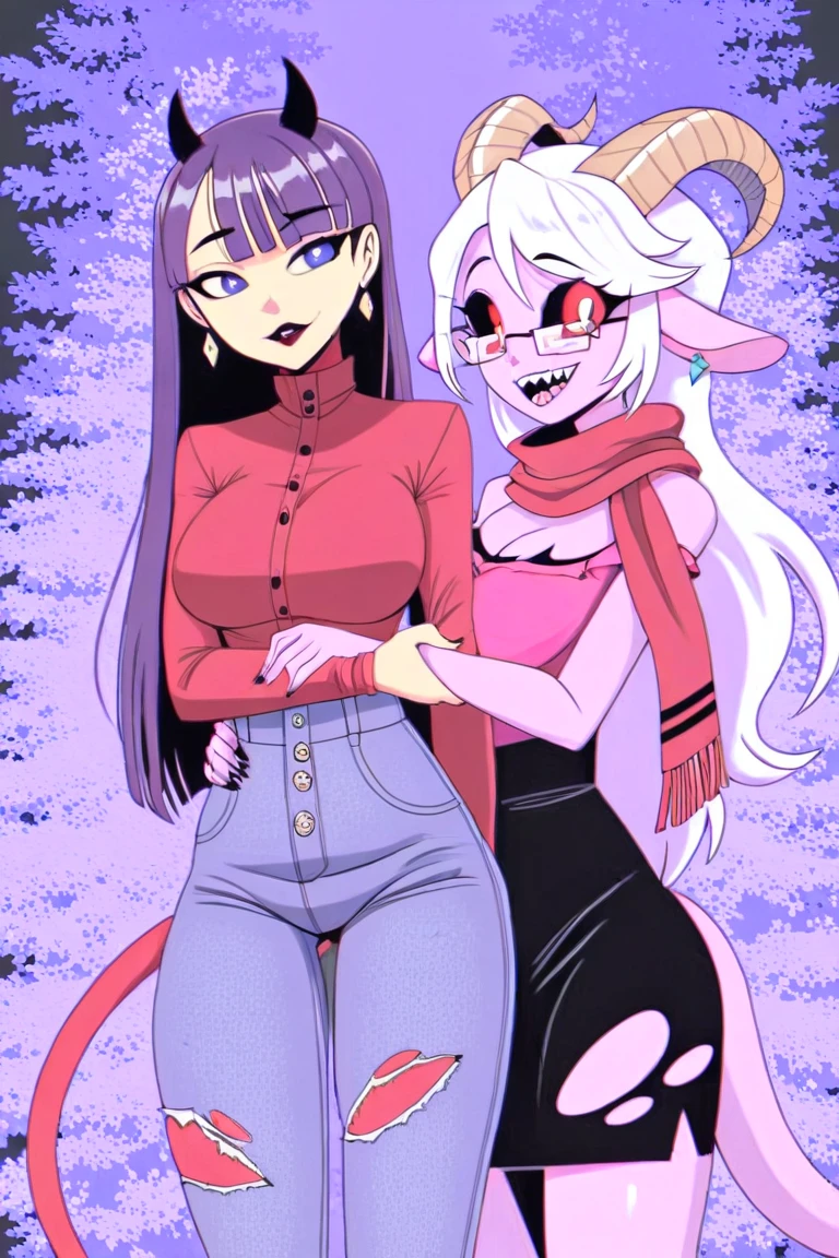 Alicorn princess female and Adagio Dazzle , white mane, ,black body color long flowing mane pink eyes anthro huge breasts , jeans,sweater
lesbians ,perfect body shape hugging from behing looking at viewer ,smiling at camera
