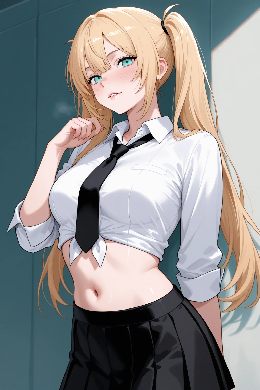 masterpiece, best quality, long hair, medium breast, cleavage, navel, slim legs, morgan fate blonde hair, soldier outfit, happy, short skirt, mature women, standing, office