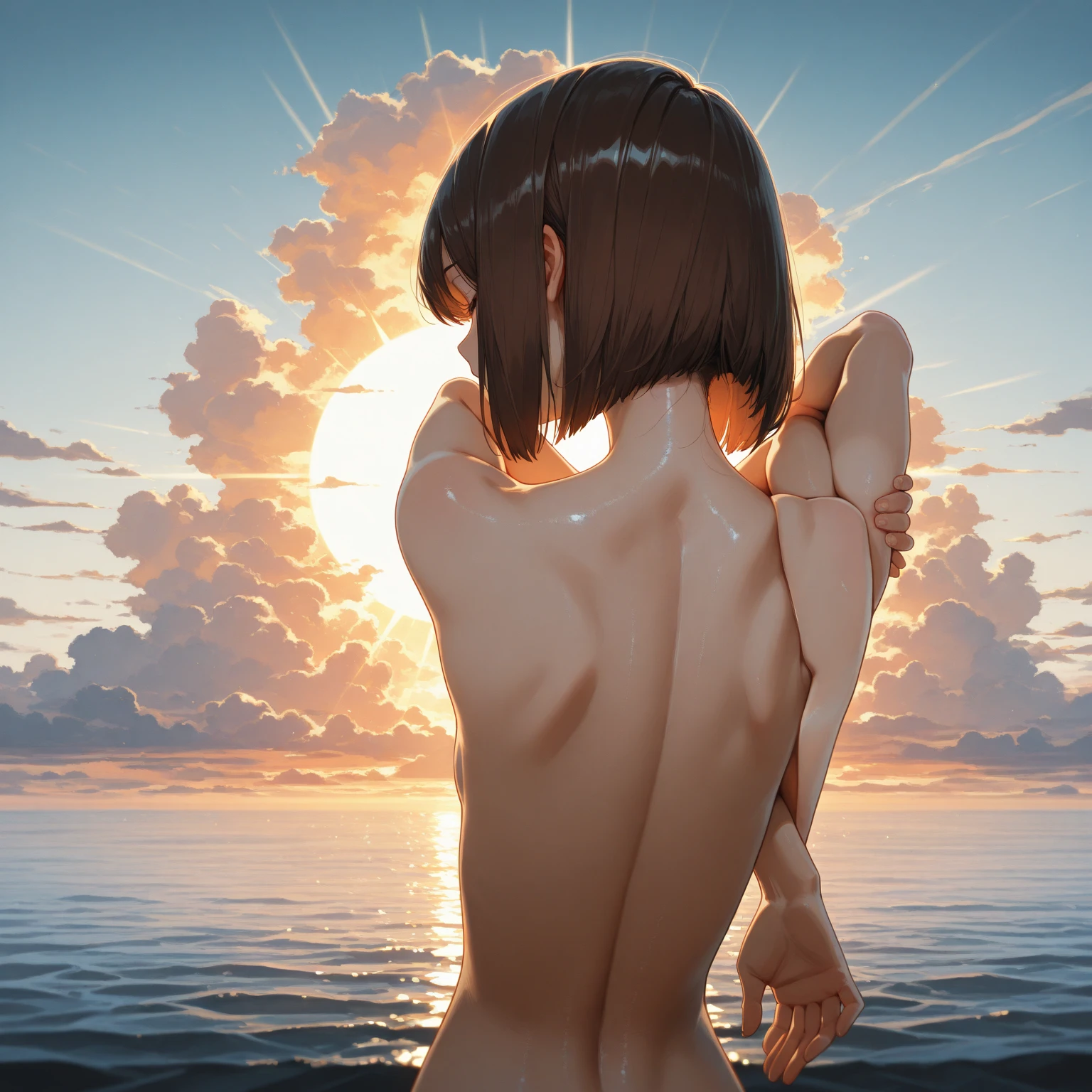 portrait of cute girl, nude, cloudy sky background, lush landscape, illustration, concept art, anime artist, pixiv, sitting, small breast, shaved pussy, intimate piercing, sunset, wlop and greg rutkowski and makoto shinkai and studio ghibli