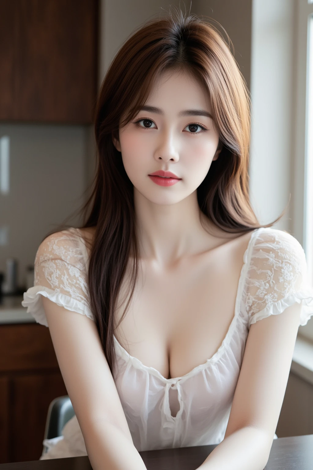 araphid Asian woman in a white shirt posing in a café, gorgeous young Korean woman, gorgeous Chinese model, beautiful Asian girl, beautiful south Korean woman, beautiful young Korean woman, beautiful Asian woman, Korean girl, Japanese model, girl next door innocent look, Korean woman, in white clothes, lovely delicate face