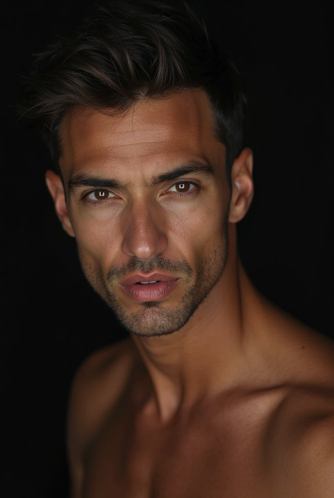 Nude latino guy with short brown hair and dark eyes.
He is sitting and looking forward
He Has BLACK eyes