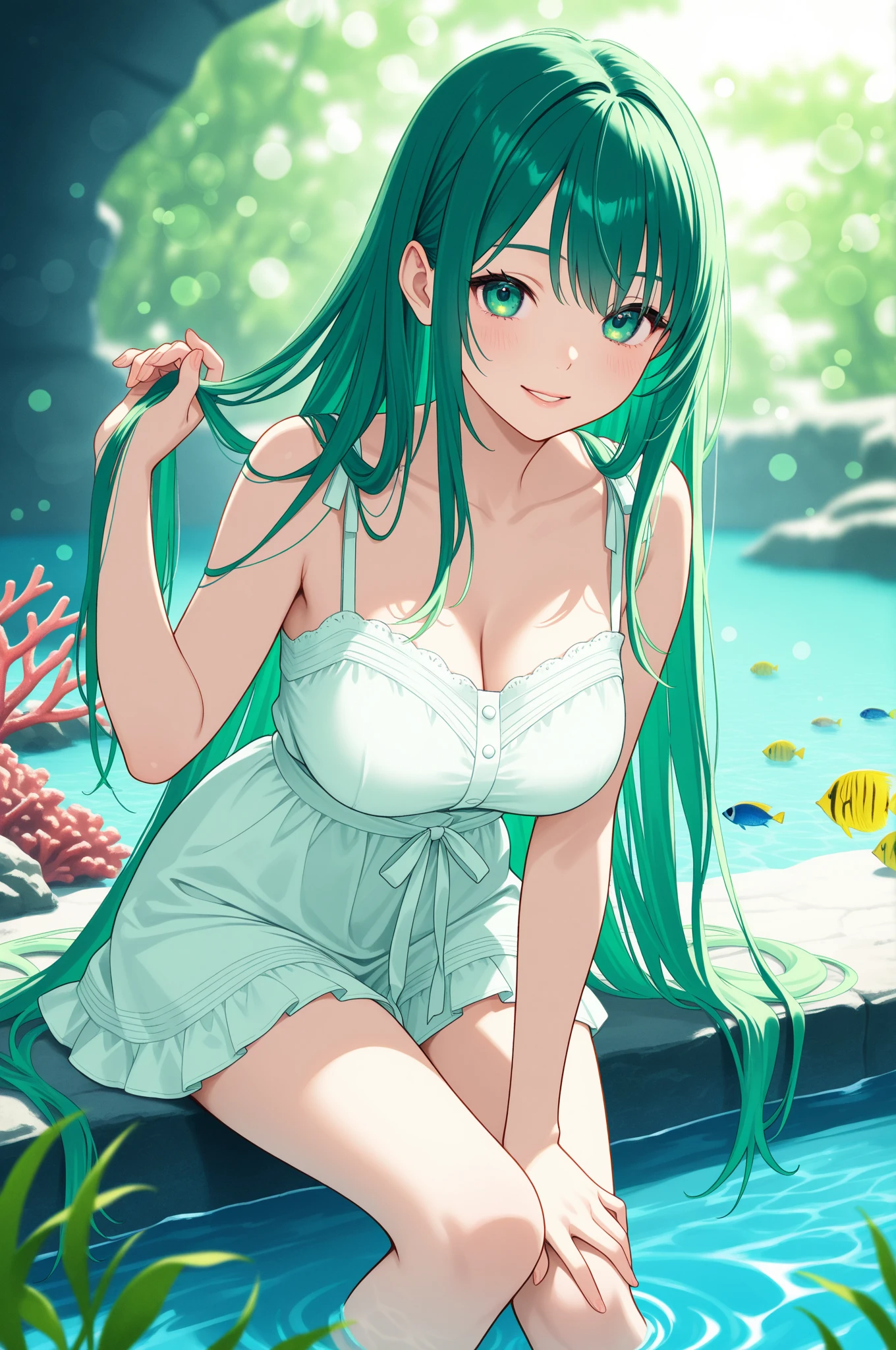anime girl in a bikini sitting in a pool of water, trending on artstation pixiv, seductive anime girls, Guweiz in Pixiv ArtStation, Guweiz on ArtStation Pixiv, zerochan art, green bikini, pixiv 3dcg, at pixiv, Extremely detailed Artgerm, mikudayo, Best Rated on pixiv