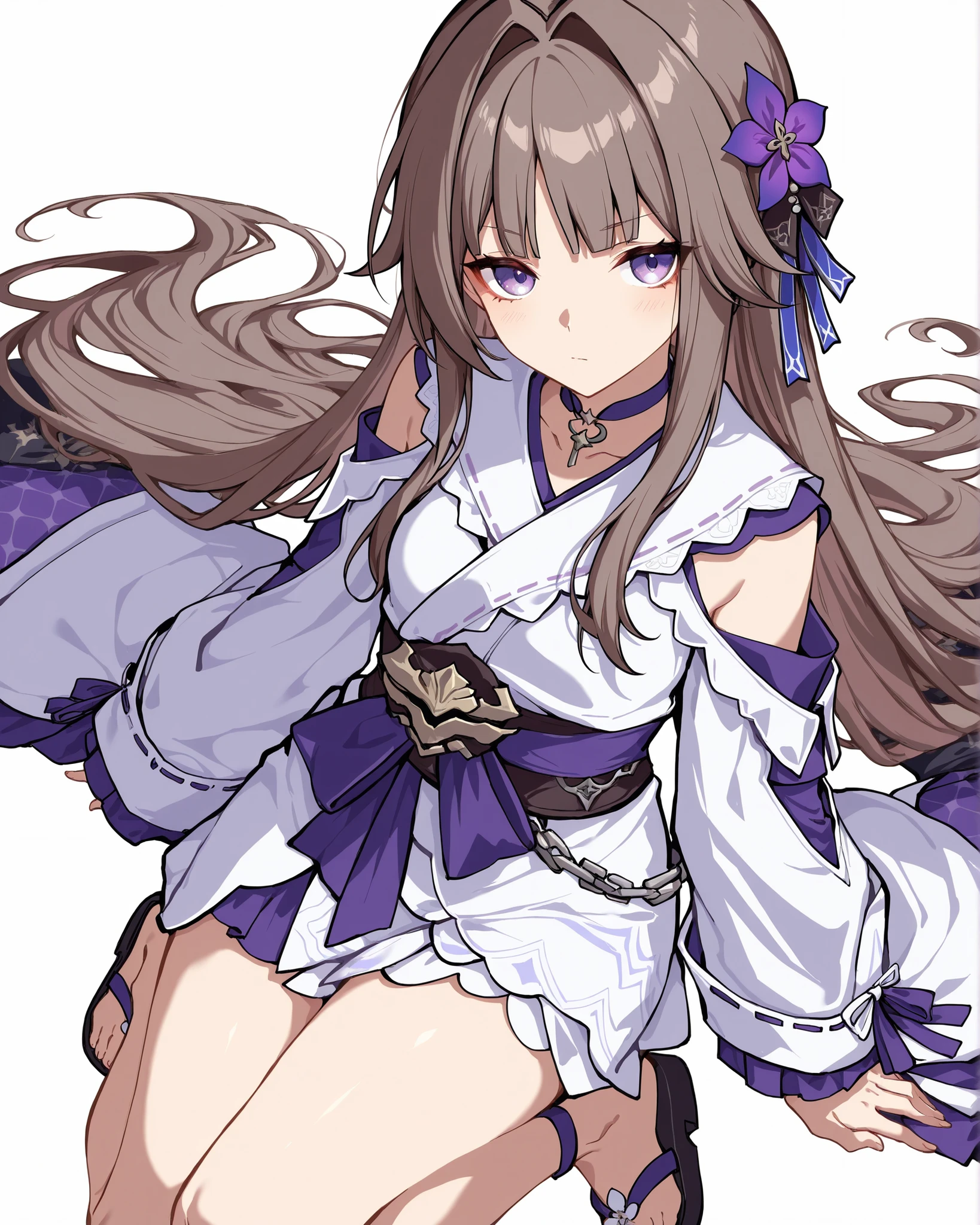 Honkai:Star Rail's Madame Herta, with ash brown hair, Dark purple eyes, solo, 1girl, masterpiece, en iyi kalite, high-resolution, white kimono outfit with purple pattern, Purple ribbon, black Japanese sandals, ayakta poz, mutlu ifade, simple white background.