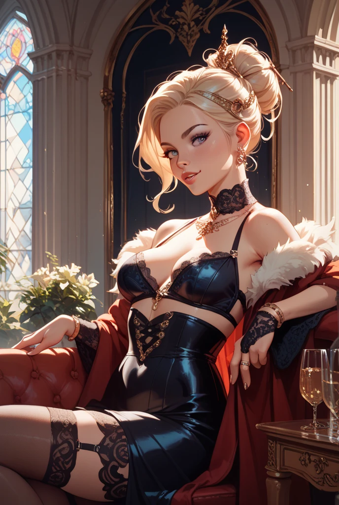 Text: ("Betherz15"), (realistic comic style), faceless woman, facing viewer, leaned back, wine glass, fair skin, 70s feathered hair blonde, black thin cateye shaped glasses, diamond encrusted necklace, diamond encrusted earrings, white art decor feather headpiece, long white feather boa, 80s silver clubbing dress, white sleeve gloves, jazz lounge, red velvet sofa, volumetrics, professional quality, movie angle, serious, elegant