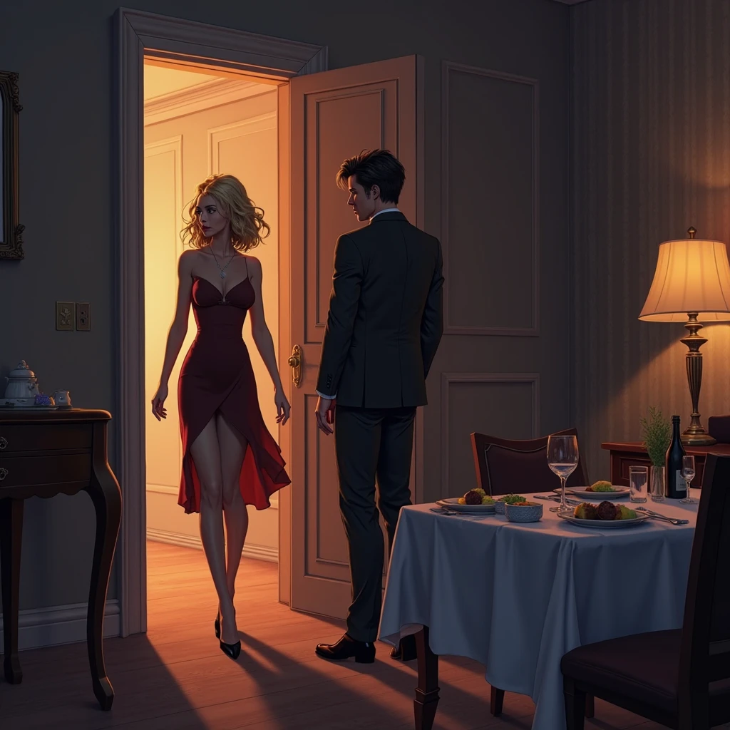There are two people standing in a club, half-body photo style, couple staring at each other, gorgeous man, gorgeous woman in red dress, elegant with short hair, passionate look, atmospheric lighting, 4k UHD, hyper detailed, vibrant colors, sharp focus, romantic masterpiece, shot from film