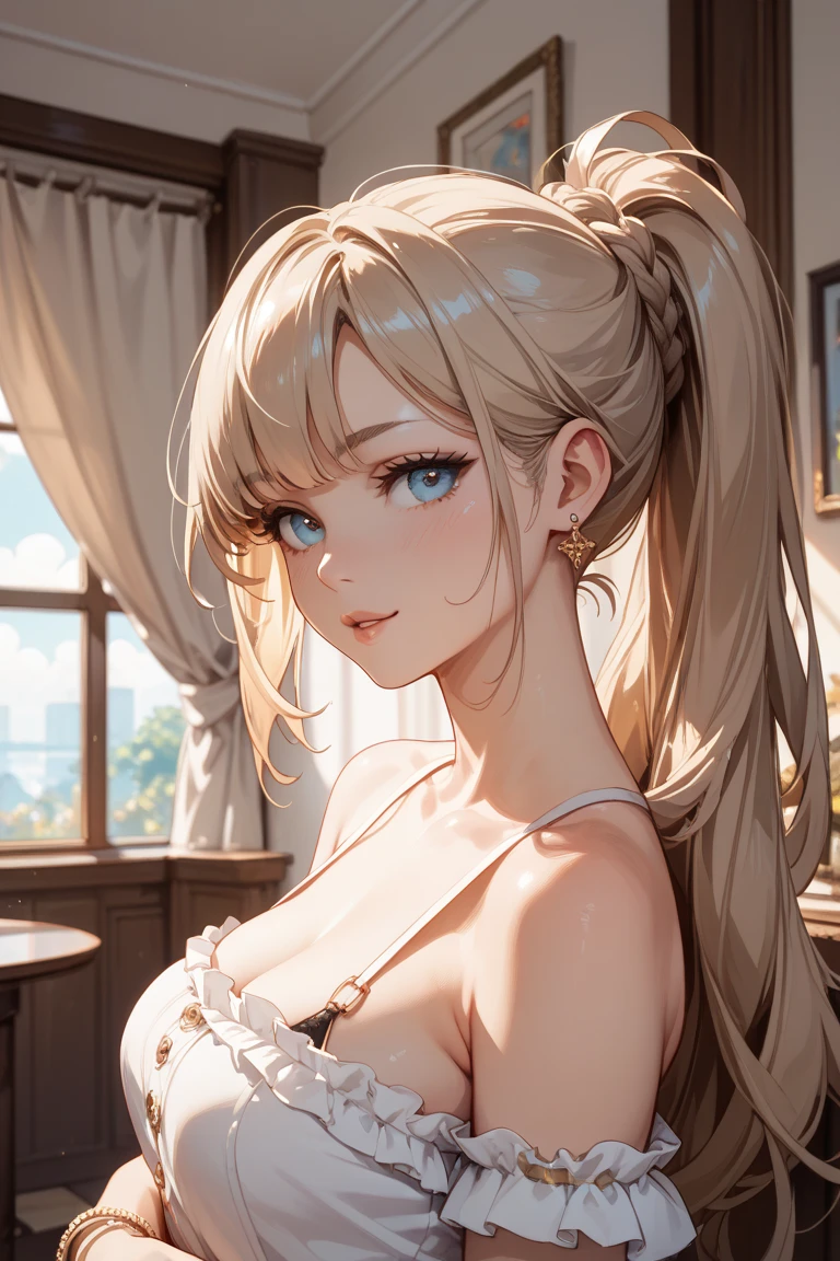 portrait, realistic, elegant mature woman, blue eyes, blonde hair, 4k resolution cg, beautiful cg, soft light